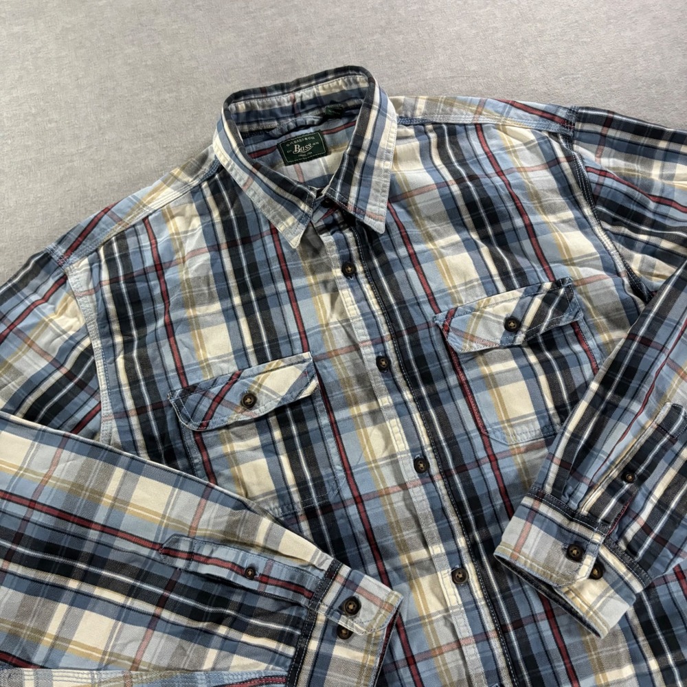 GH Bass & Co Mens XL Blue Plaid Flannel Long Sleeve Button Down Shirt Pockets